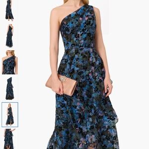 Adrianna Papell Floral Flocked Velvet One-Shoulder High-Low Gown, size 14